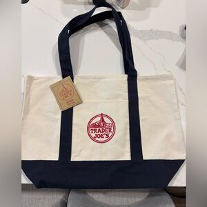 Trader Joes Tote Bag Navy Blue Canvas Large 20” x 15” NWT